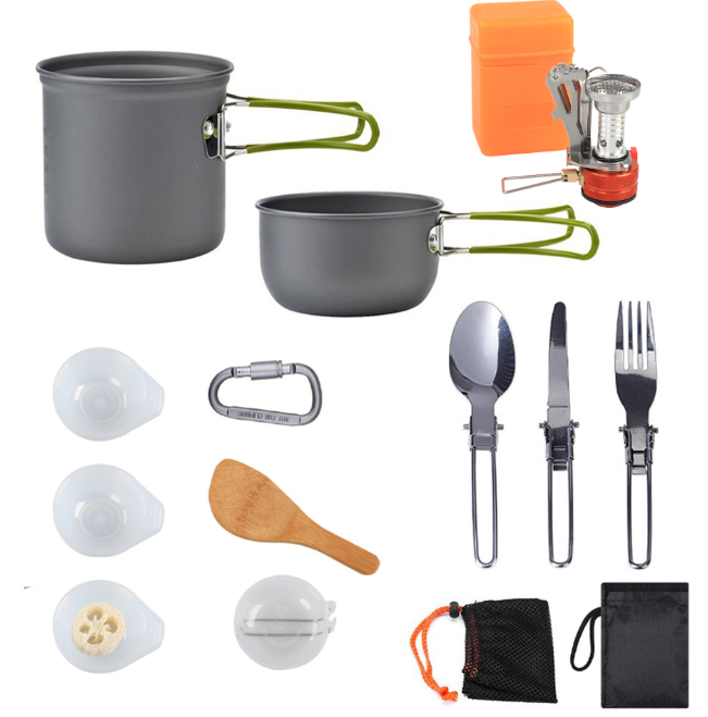 Набор посуды для кемпинга DS-101 с газовой печкой 12 предметов Серый (DS-101)