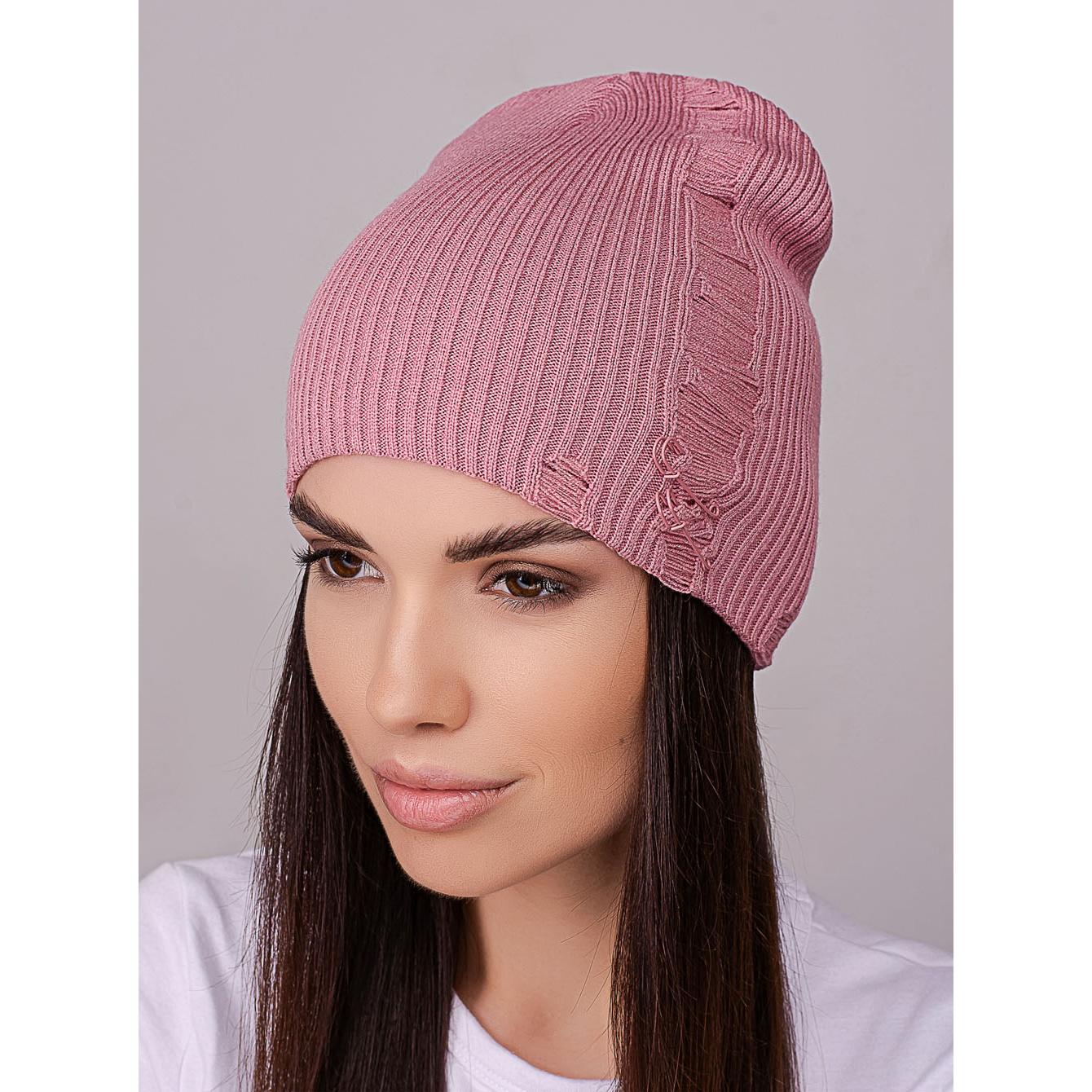 Шапка жіноча Leks ЧИКАГО без відвороту подвійна рвана з шпильками в рубчик one size Рожевий світанок (215418) - фото 1