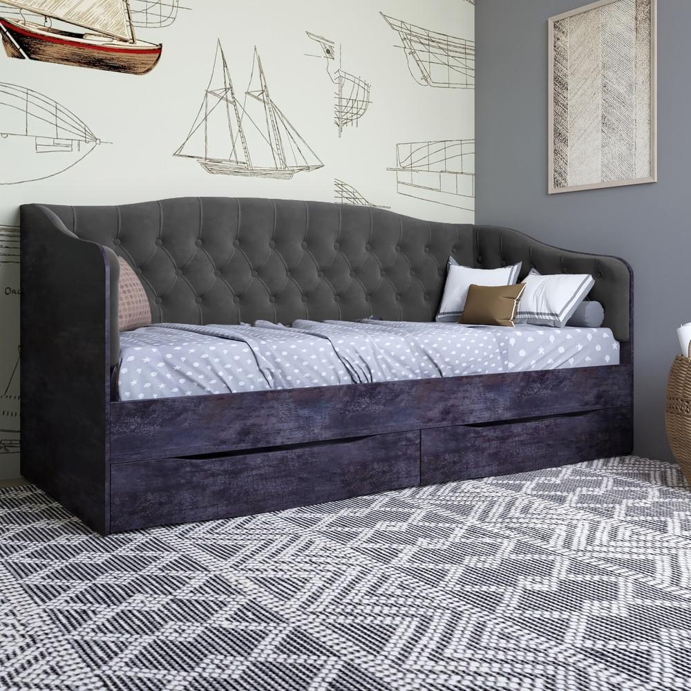 Кровать детская односпальная Lion Л-9 с мягкой спинкой и выдвижными ящиками 190x90 см. Бетон темный/Лили-95 (Lion-041486)