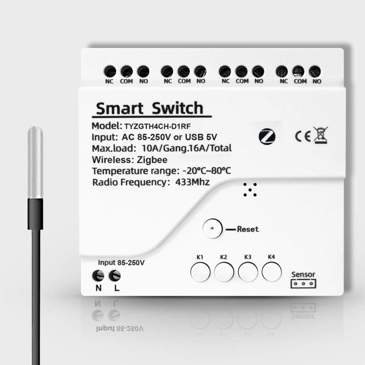 Реле четырехканальное ZigBee с сухим контактом и влагозащищенным датчиком температуры Tuya AC 85-250V (WH00840)
