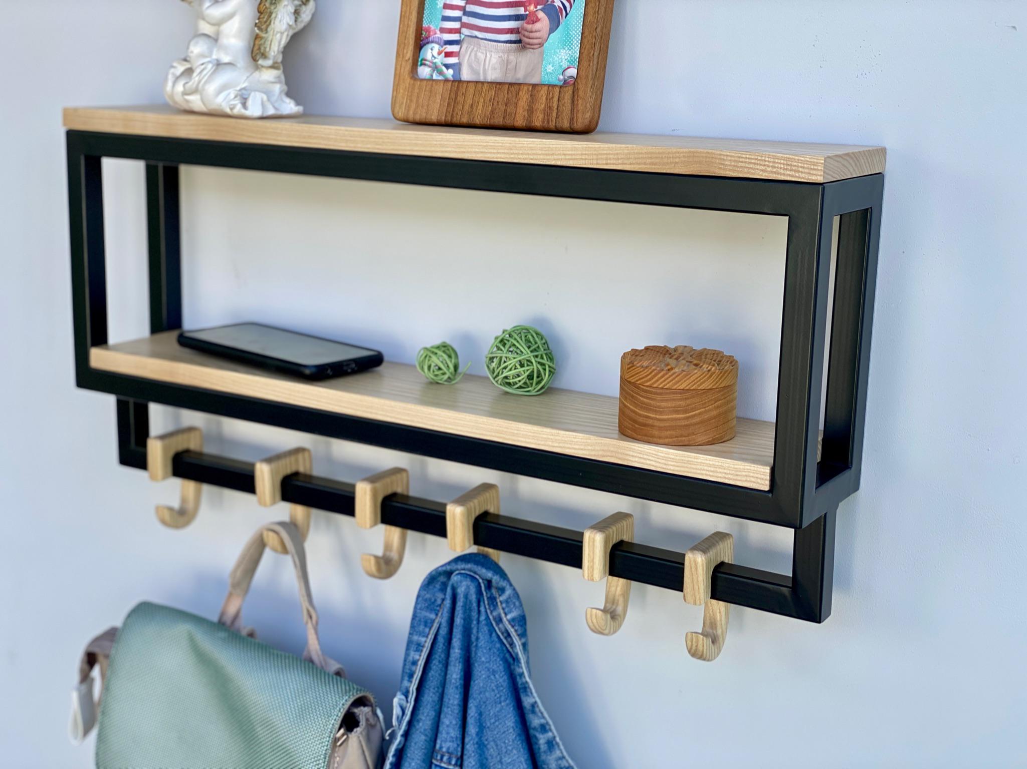 Полка-вешалка из дерева и металла в прихожую с 6 деревянными крючками 60х28,5х10 см (ML-15.3) - фото 6 Полка-вешалка из дерева и металла в прихожую с 6 деревянными крючками 60х28,5х10 см (ML-15.3) - фото 6