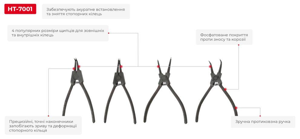 Набiр щипців для зняття й установки стопорних кілець Intertool HT-7001 150 мм 4 шт. (HT-7001) - фото 2