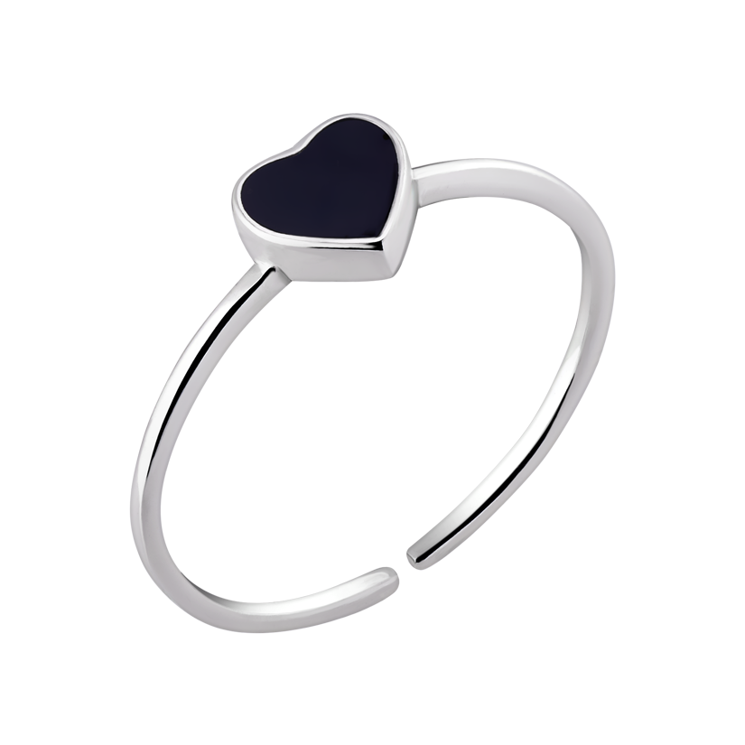 Кольцо серебряное тоненькое Сердечко с черной эмалью незамкнутое р. 18