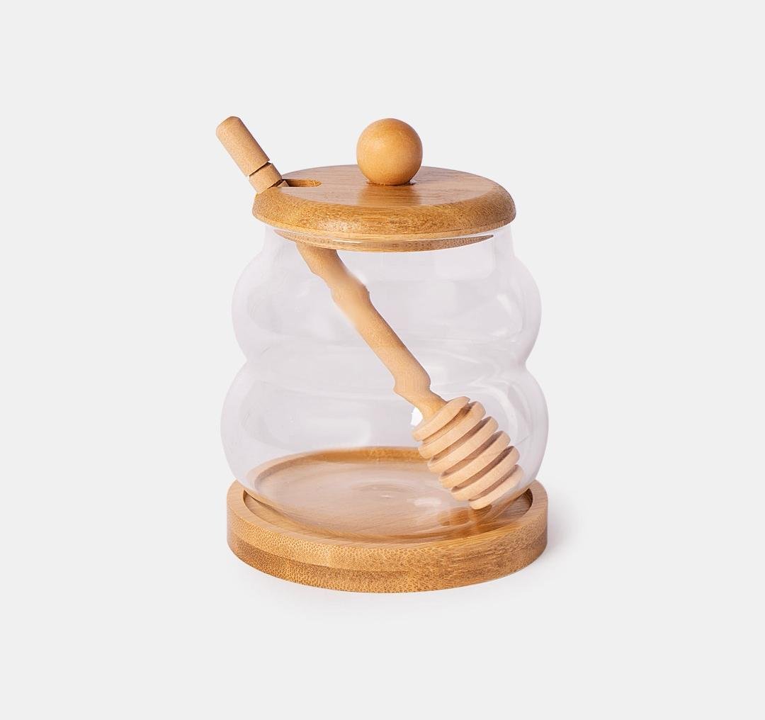 Банка для меду YIWU 64486-8 скляна з кришкою на бамбуковій підставці 350 мл Прозорий (64486-8)