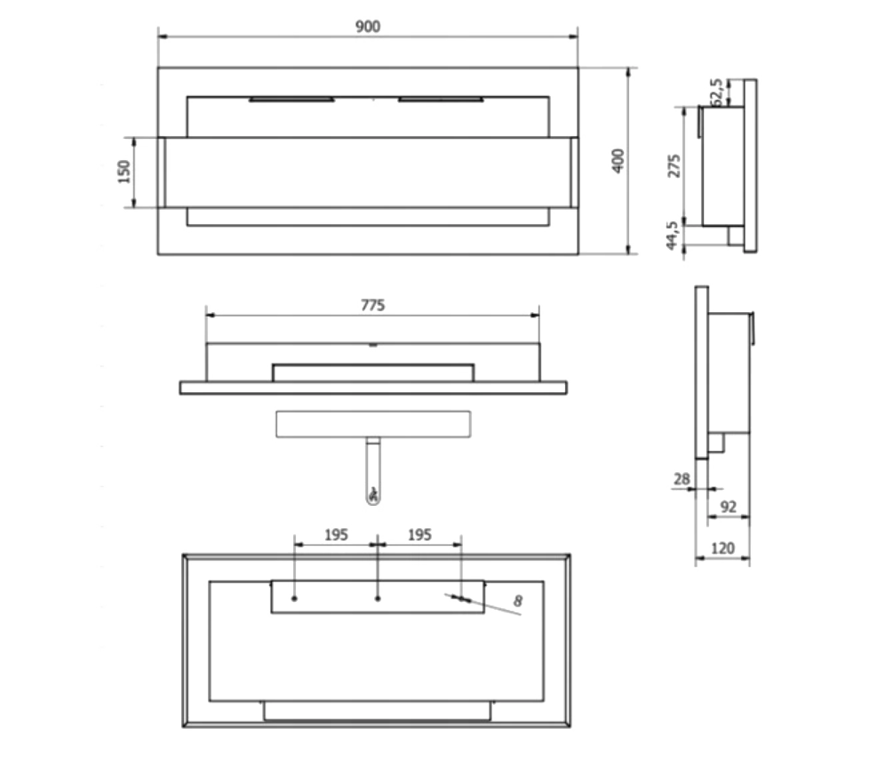 Біокамін GMT 900х400х120 мм зі склом Black Mat - фото 8