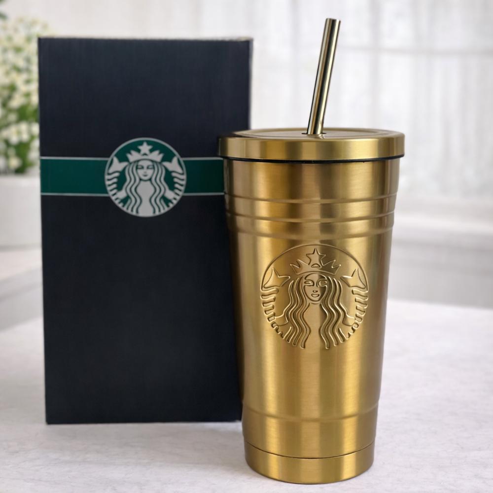 Термокружка 124712 600 мл из нержавеющей стали 304 с трубочкой и крышкой Золотистый