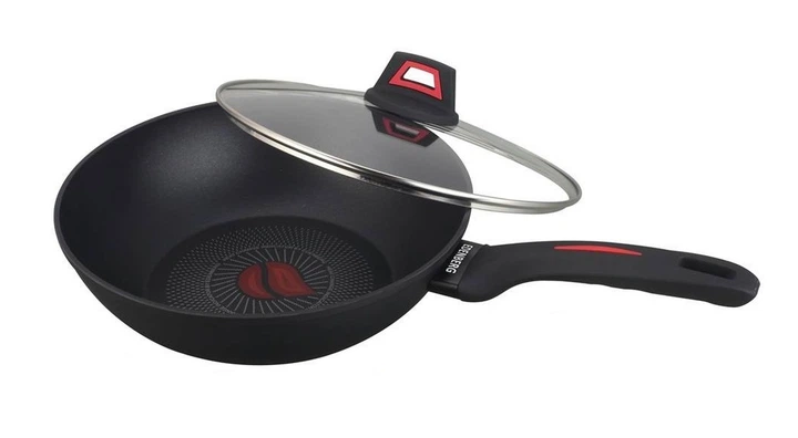 Сковорода глубокая с крышкой WOK Benson BN-834 с антипригарным покрытием и термоиндикатором для любых плит 24 см
