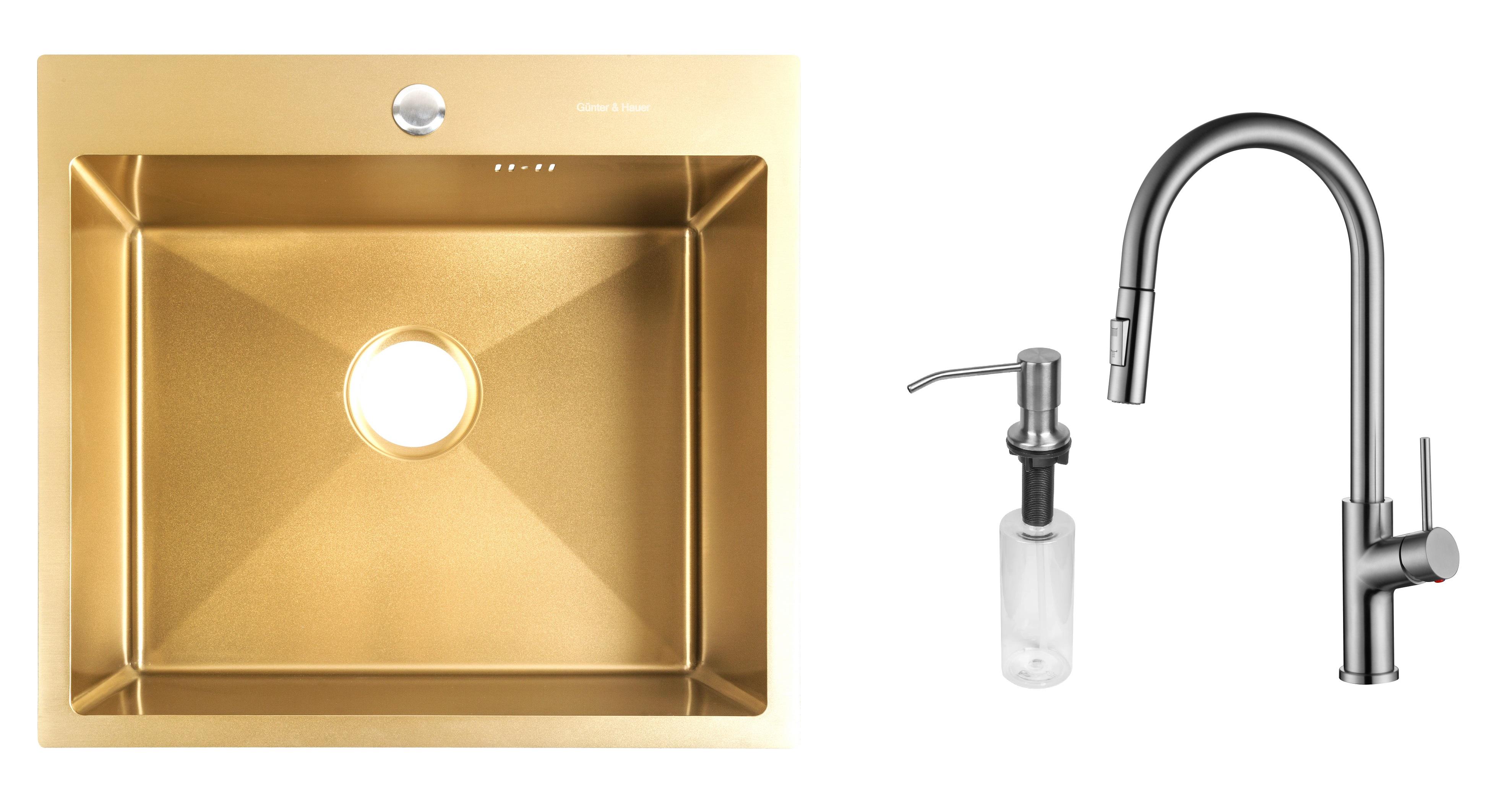 Комплект из кухонной мойки Gunter&Hauer Mindel 5522 Gold кухонного смесителя Gunter&Hauer MOND Br и дозатора Gunter&Hauer SOAP DISPENSER Inox