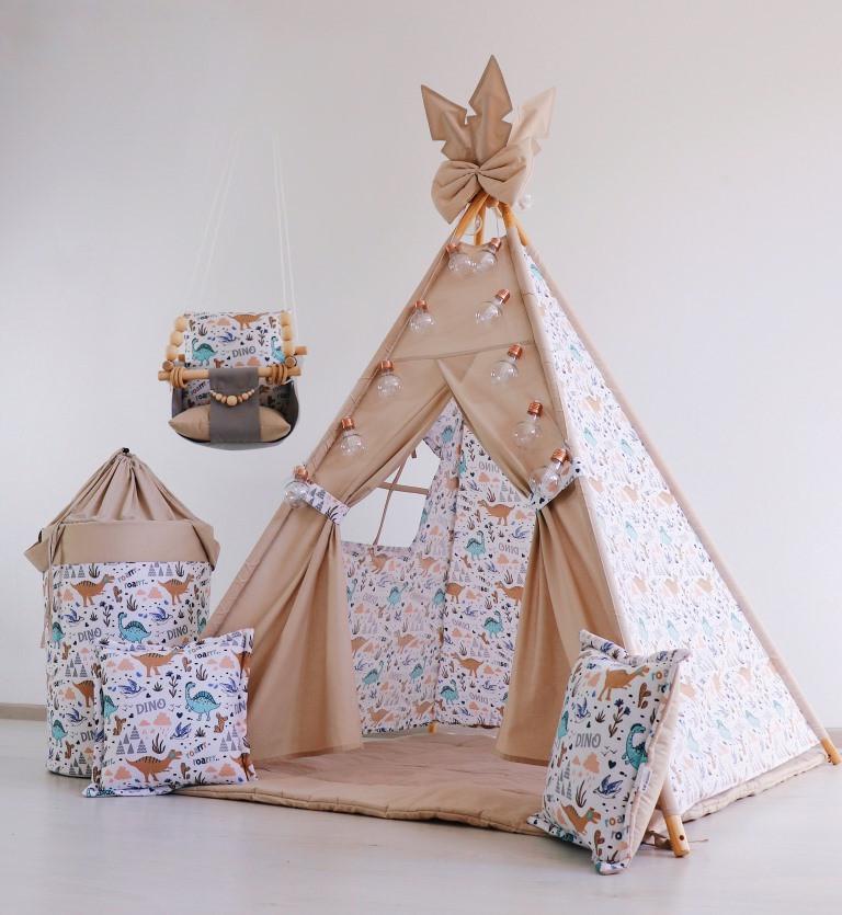 Вігвам дитячий для хлопчика Динозаврики з килимком і подушками з кошиком для білизни