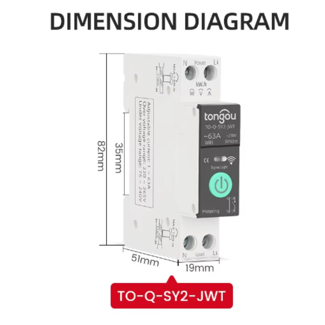 Автомат однофазный WiFi Tongou TO-Q-SY2-JWT 63А Tuya защита от перегрузки по току от низкого напряжения - фото 5