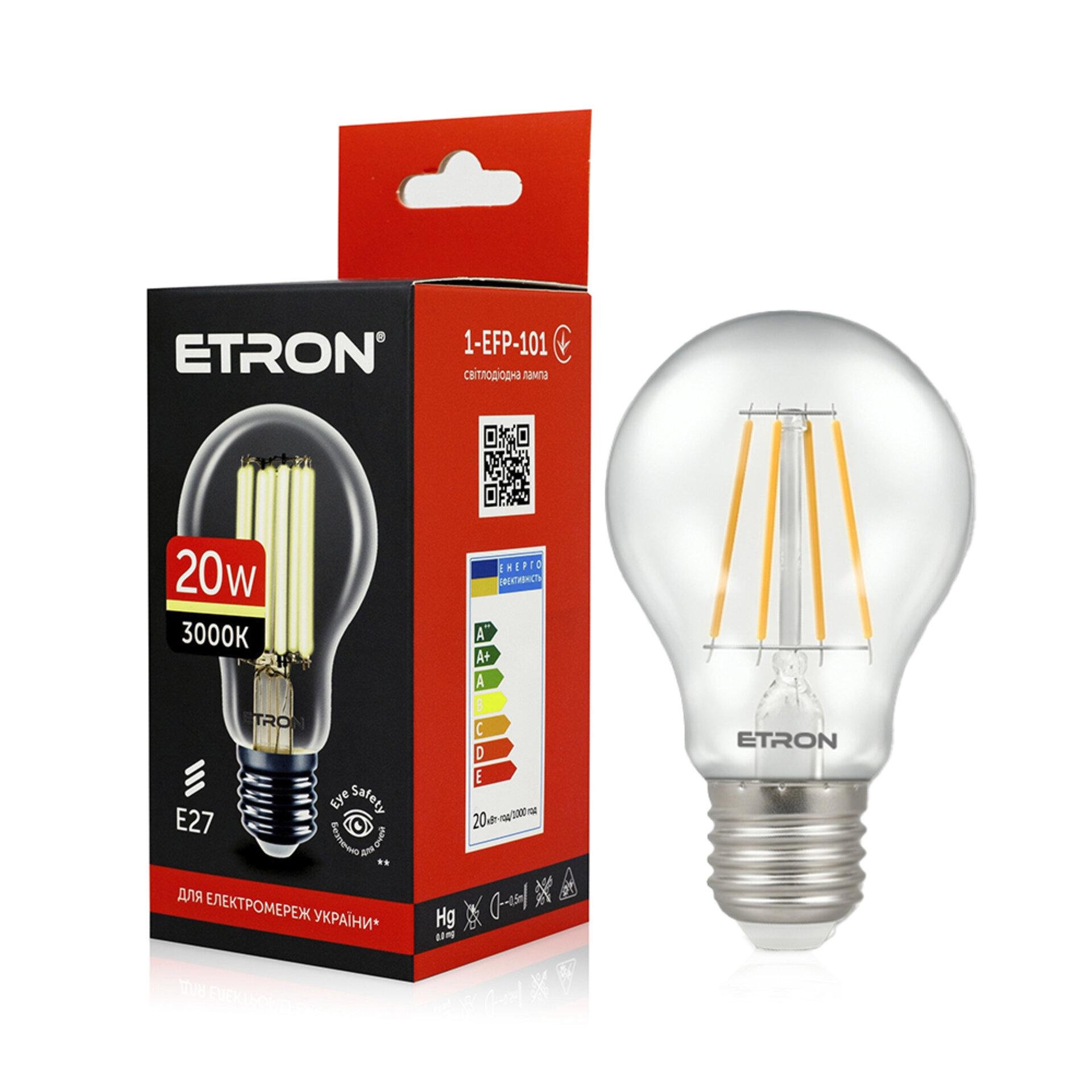 LED лампа ETRON Filament 1-EFP-101 A65 20W 3000K E27 Прозрачный