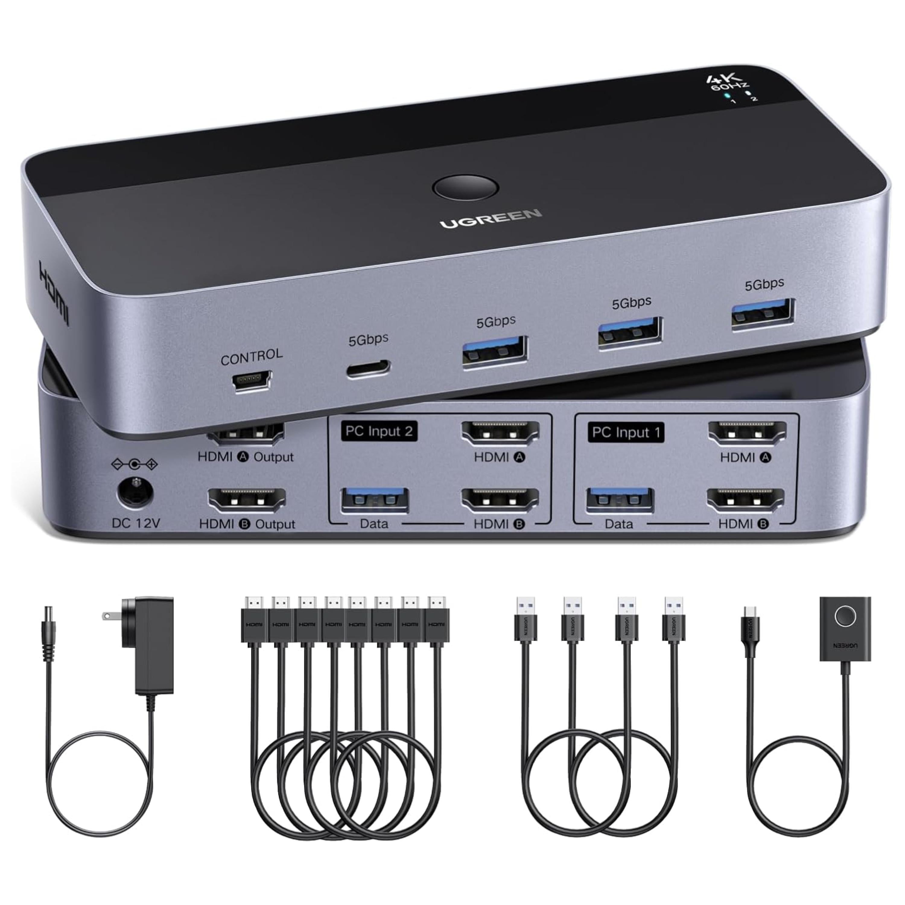 Перемикач UGREEN AK500 KVM на 2 монітори та 2 ПК HDMI USB 3.0 4K 60 Гц Темно сірий (85719) Перемикач UGREEN AK500 KVM на 2 монітори та 2 ПК HDMI USB 3.0 4K 60 Гц Темно сірий (85719)