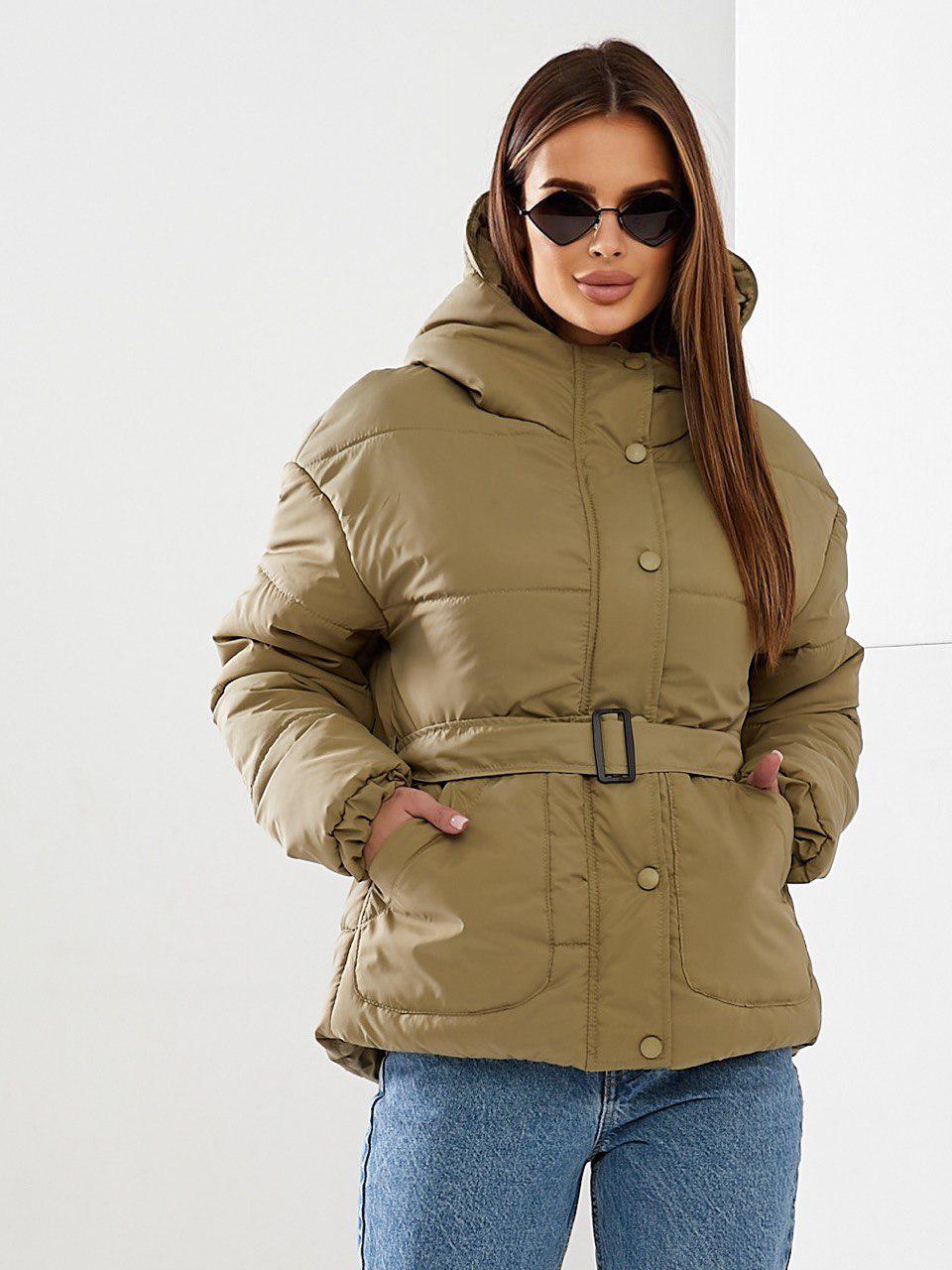 Куртка демисезонная короткая Khan с поясом р. 42 Хаки (Kh332)