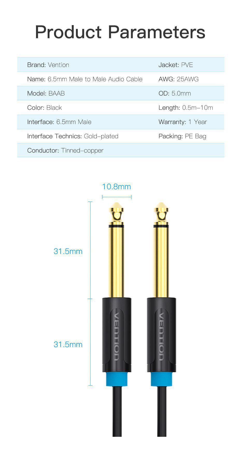 Кабель Vention 6.5 мм Jack-6.5 мм Jack HiFi стерео 6.35 мм AUX TS 10 м Чорний (BAABL) - фото 8 Кабель Vention 6.5 мм Jack-6.5 мм Jack HiFi стерео 6.35 мм AUX TS 10 м Чорний (BAABL) - фото 8