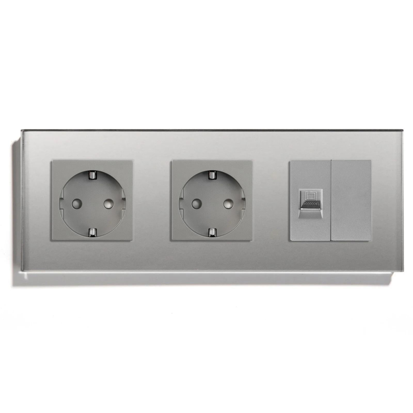 Розетка трехместная LUXION силовая/интернет RJ-45 настенная стеклянная рамка Серый (LX-M3FCAT6BLK-GY)
