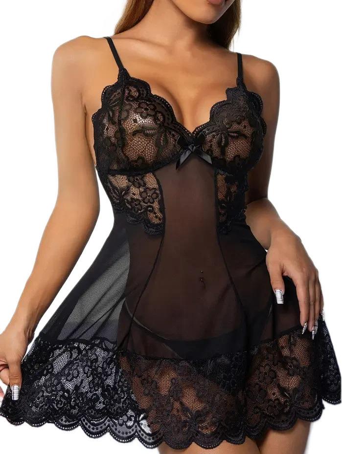 Рубашка еротическая  кружева Babydoll с полупрозрачной сеткой и стрингами XXL Черный (black_xxl_OLLY330)