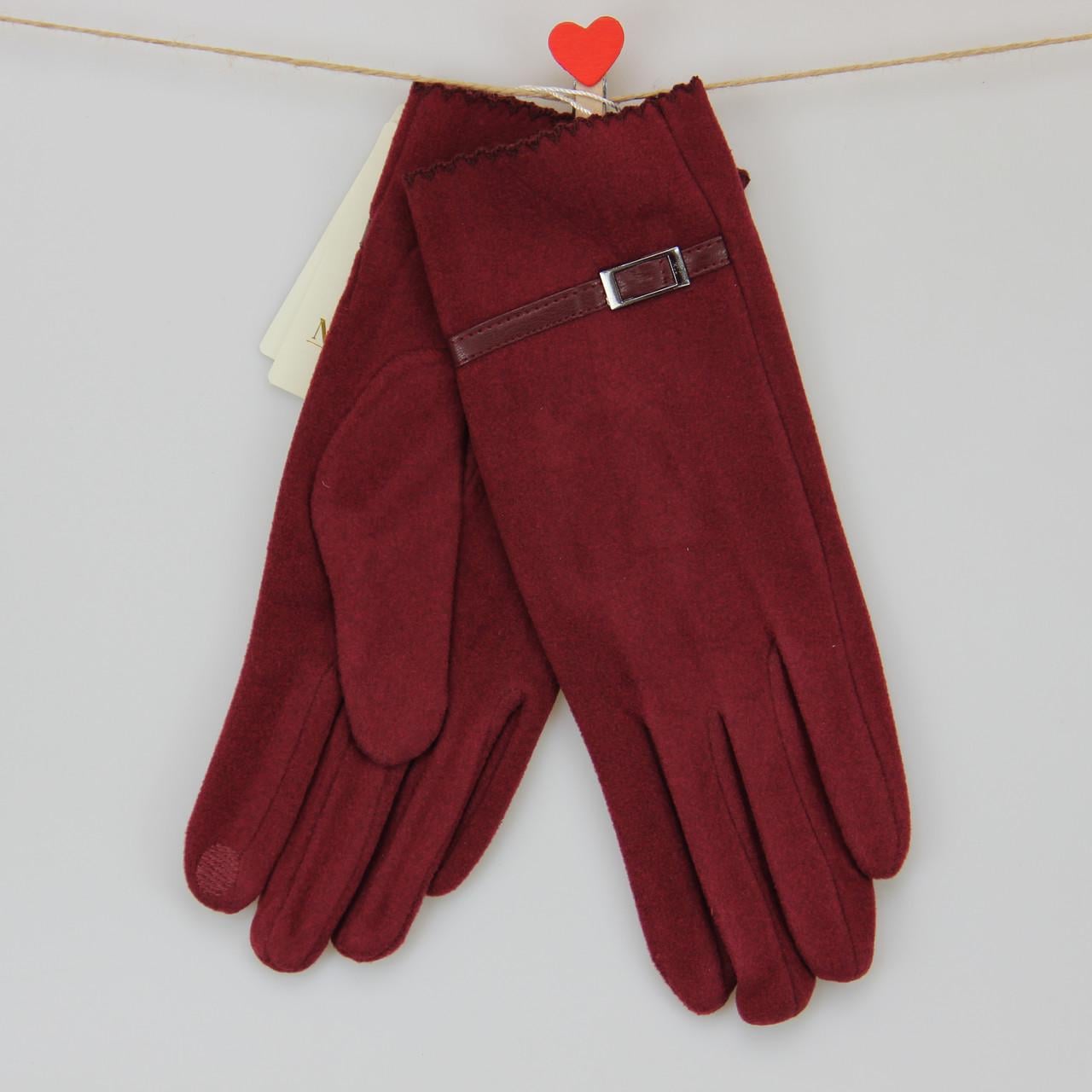 Перчатки женские сенсорные с мехом и декоративным ремешком S-M Бордовый (34027)