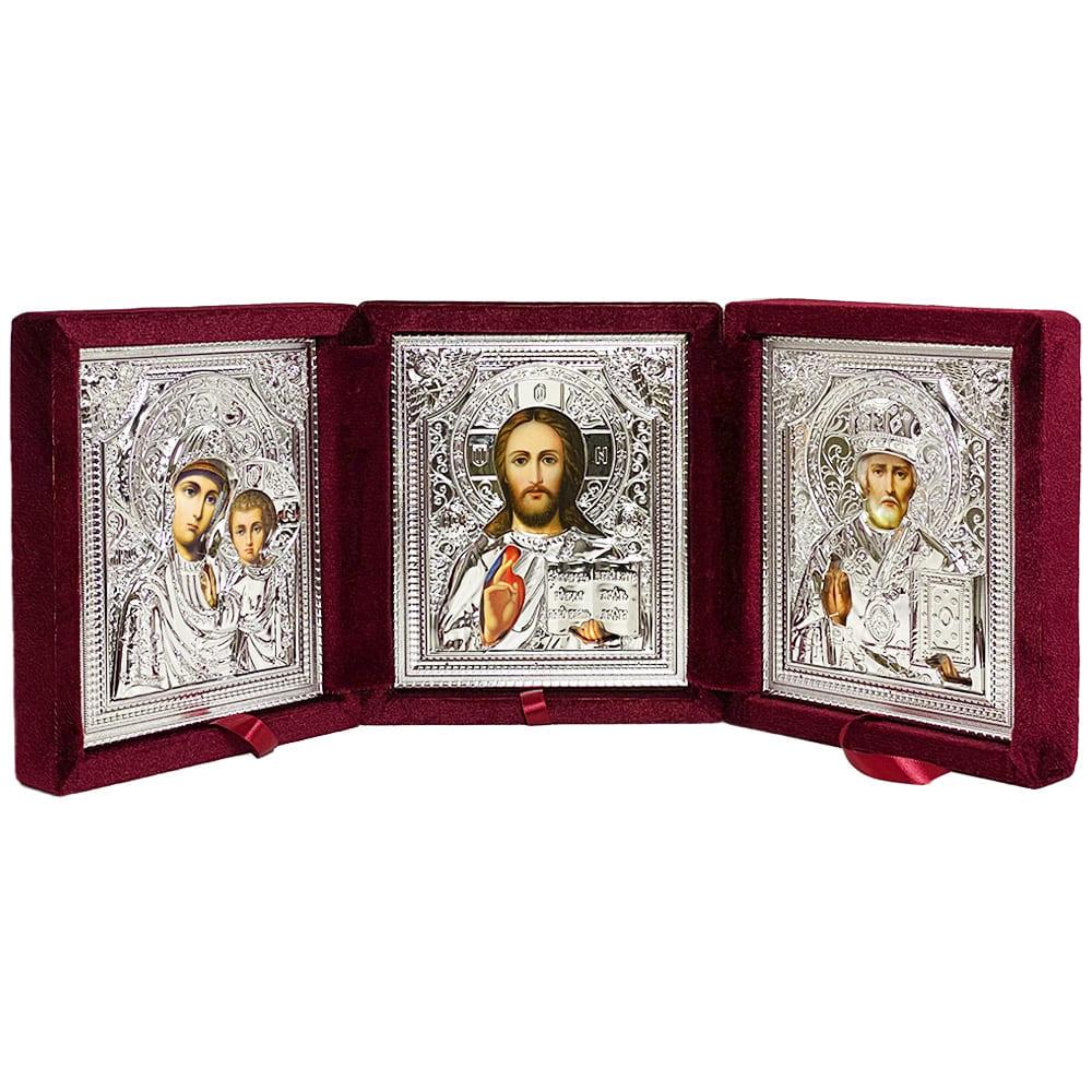 Икона триптих серебристая в бархате Бордовый (Б373В-Х/Б)