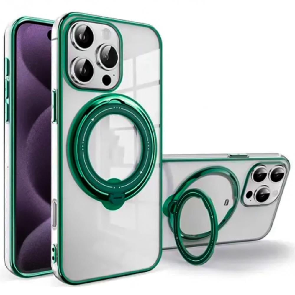 Силиконовый чехол накладка Clear Case для iPhone 16 Pro с металлическим кольцом - держателем Зелёный
