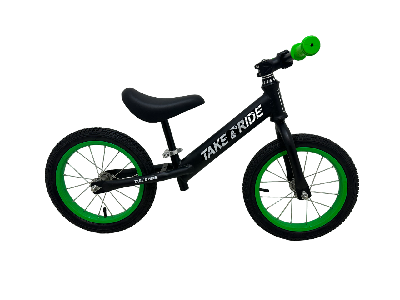 Біговел для дітей від 3 до 6 років Take&Ride 14" з кермом MTB на гумових колесах Чорно-салатовий