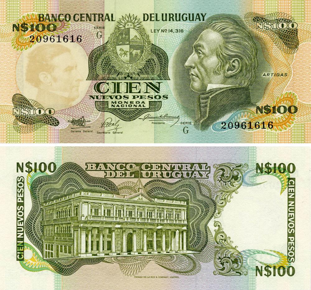 Коллекционная банкнота Уругвай 100 песо 1987 UNC P62A (Б18154)