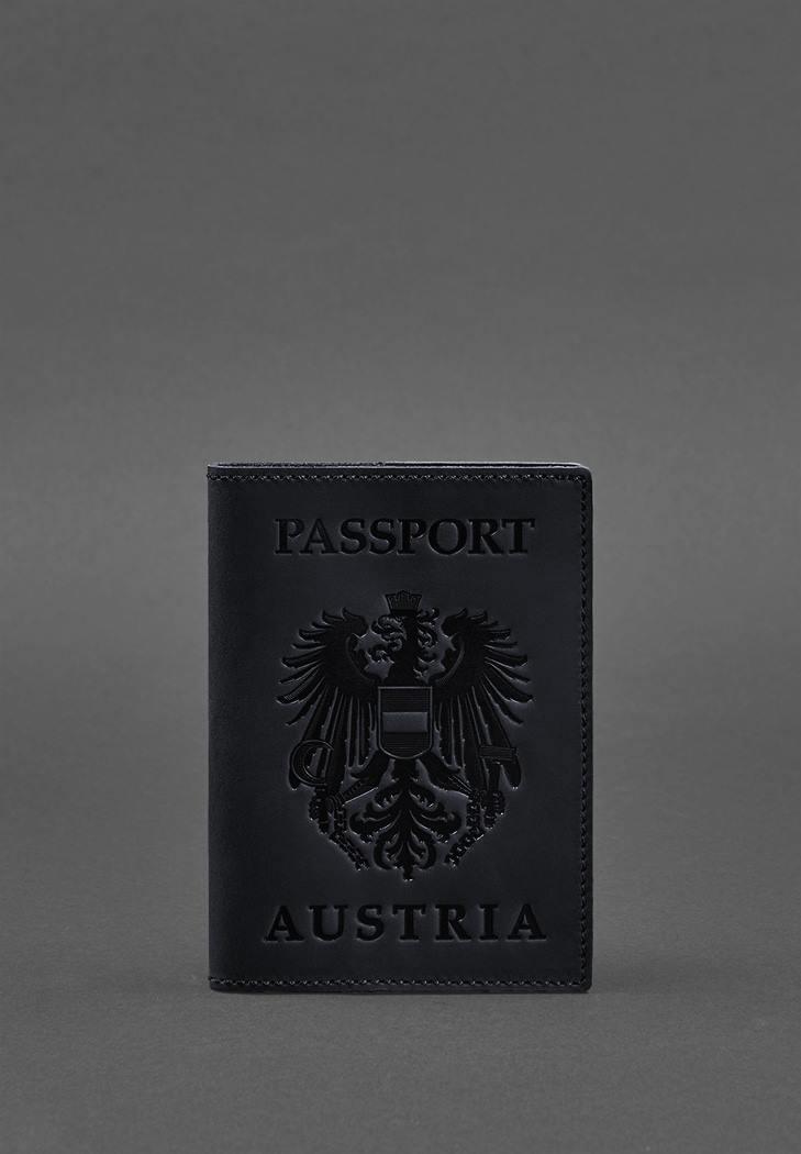 Обложка кожаная для паспорта с австрийским гербом Crazy Horse Темно-синий (A-027224)