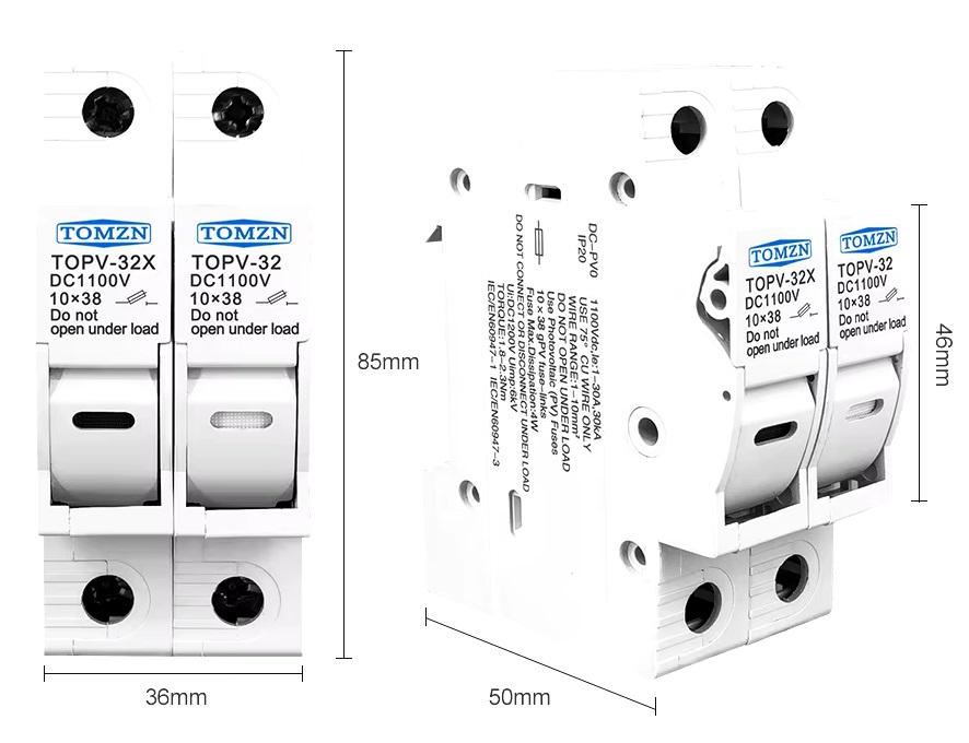 Тримач двополюсний без запобіжників 10x38 мм TOMZN для сонячних панелей LED індикація до 1100V PV клас gPV (22120338) - фото 4 Тримач двополюсний без запобіжників 10x38 мм TOMZN для сонячних панелей LED індикація до 1100V PV клас gPV (22120338) - фото 4