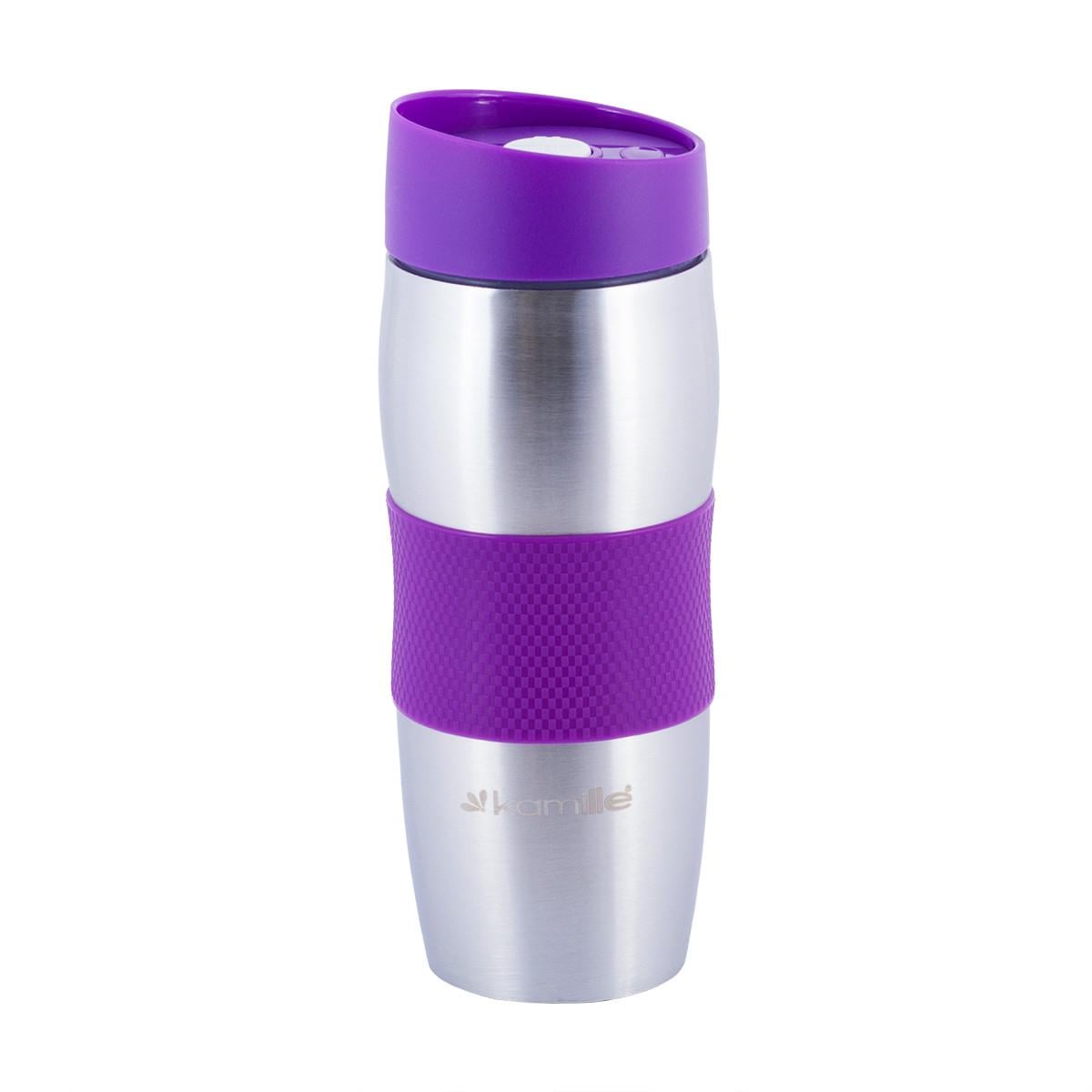 Термос с крышкой-клапаном Kamille KM-2053 из нержавеющей стали с TPR-накладкой 380 мл Сталь/Фиолетовый (150-84-2053.1)