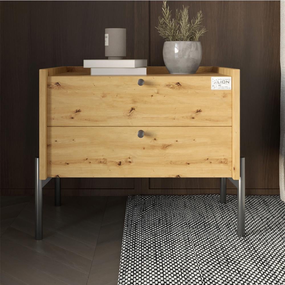 Тумба прикроватная Lion Wood с двумя ящиками черные ножки Дуб Артизан (Lion-041348)