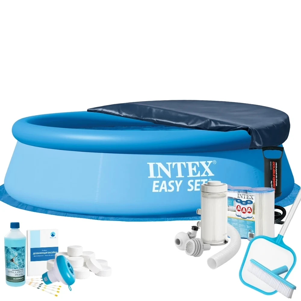 Бассейн надувной круглый Intex 28120-10в1 фильтр тент/подстилка/химия 305х76 см Голубой (147-9-28120-10 Max)
