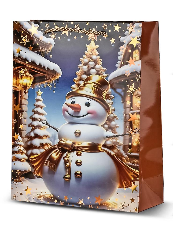Подарочный пакет новогодний Stenson Snowman бумажный L 31х42х12см Золотой (R33006-L)