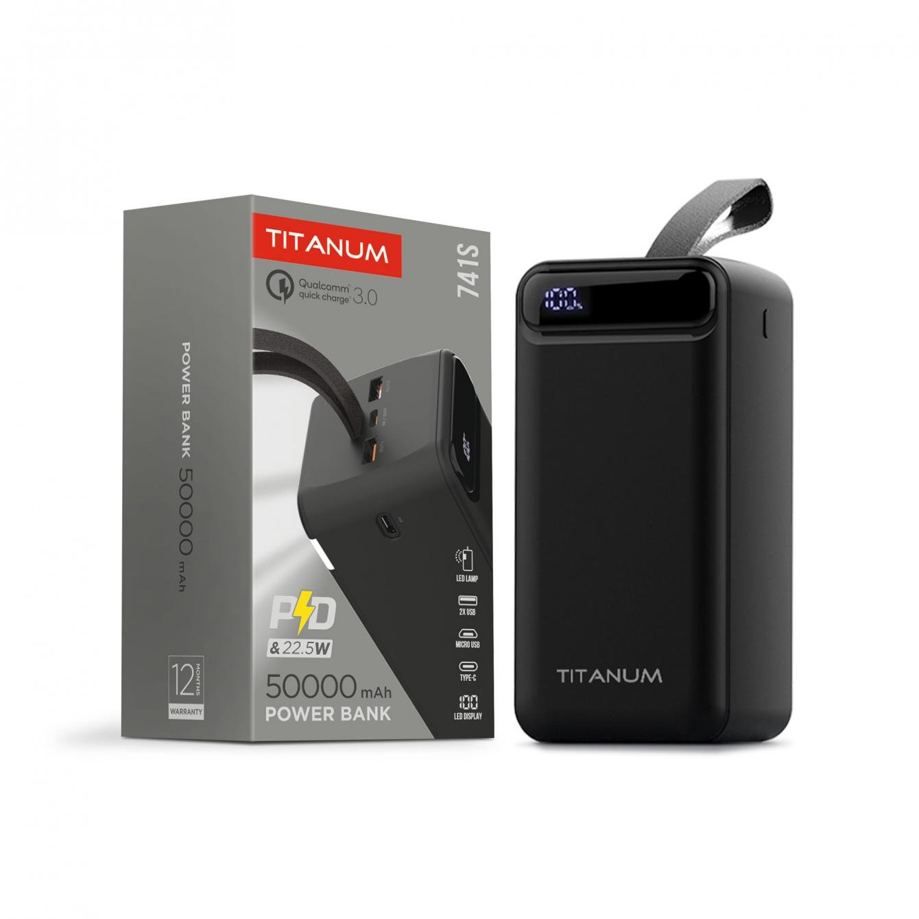 Повербанк Titanum 741S 22,5W 50000 mAh с фонариком Black