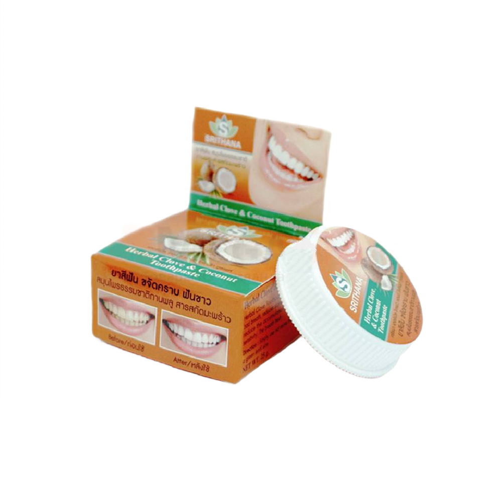 Зубная отбеливающая паста Srithana с мякотью кокоса и травами 25 г (8859167805360)