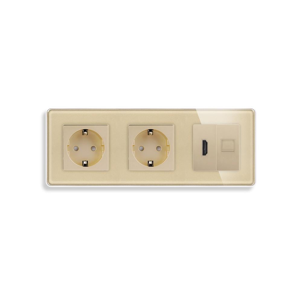 Розетка настенная ELIOS с HDMI/интернет RJ-45 стеклянная рамка Золотой (TW-M3FHDMICAT6-GD)