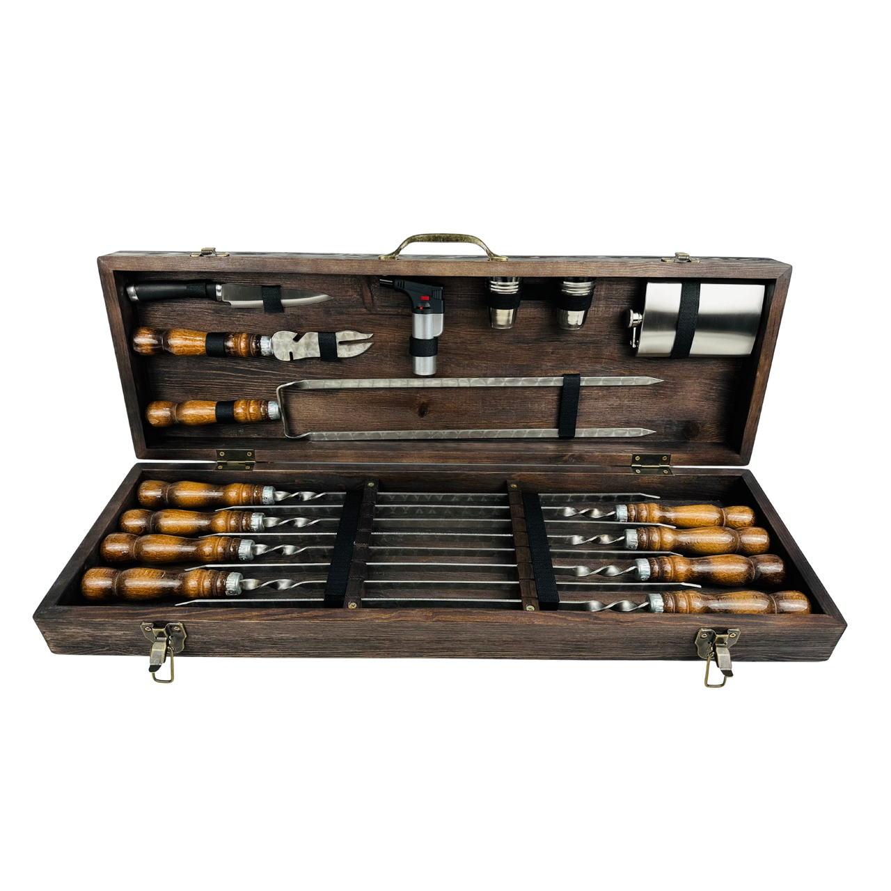 Подарунковий набір шампурів Скіф класик з нержавіючої сталі в дерев'яному кейсі з аксесуарами