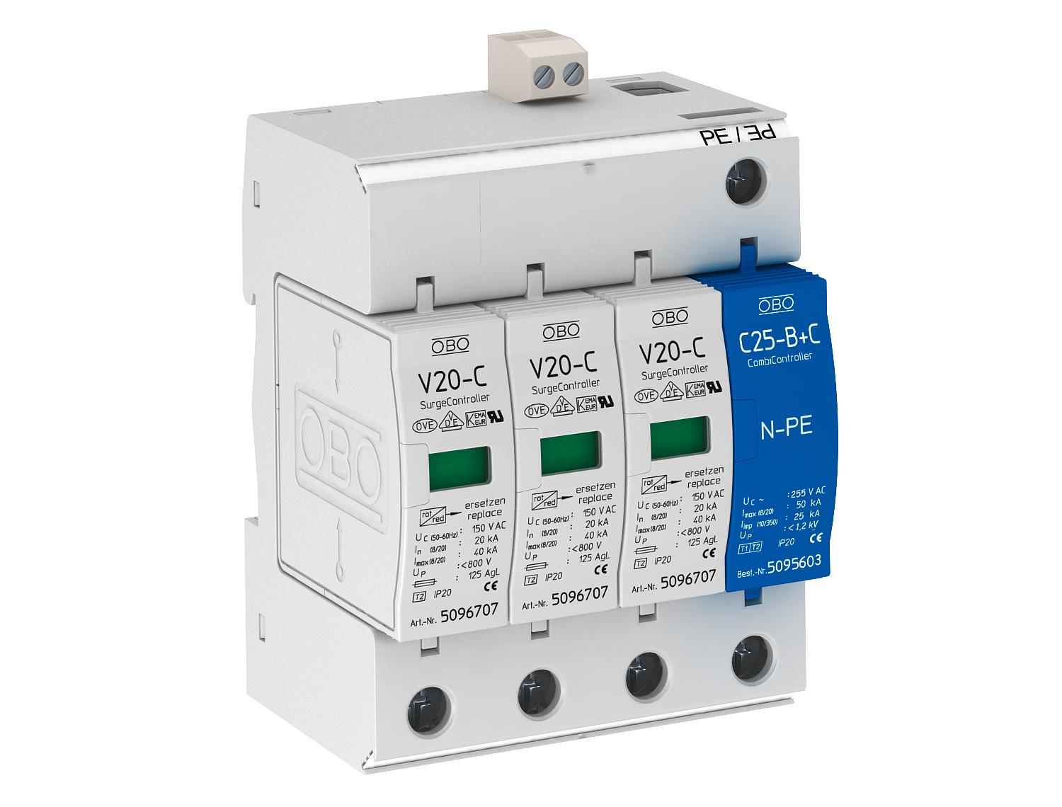 Ограничитель перенапряжения OBO bettermann V20-C 3+NPE+FS-150 3P+N/PE 80кА 150 В класc 2 С с FS контактом (5094764)