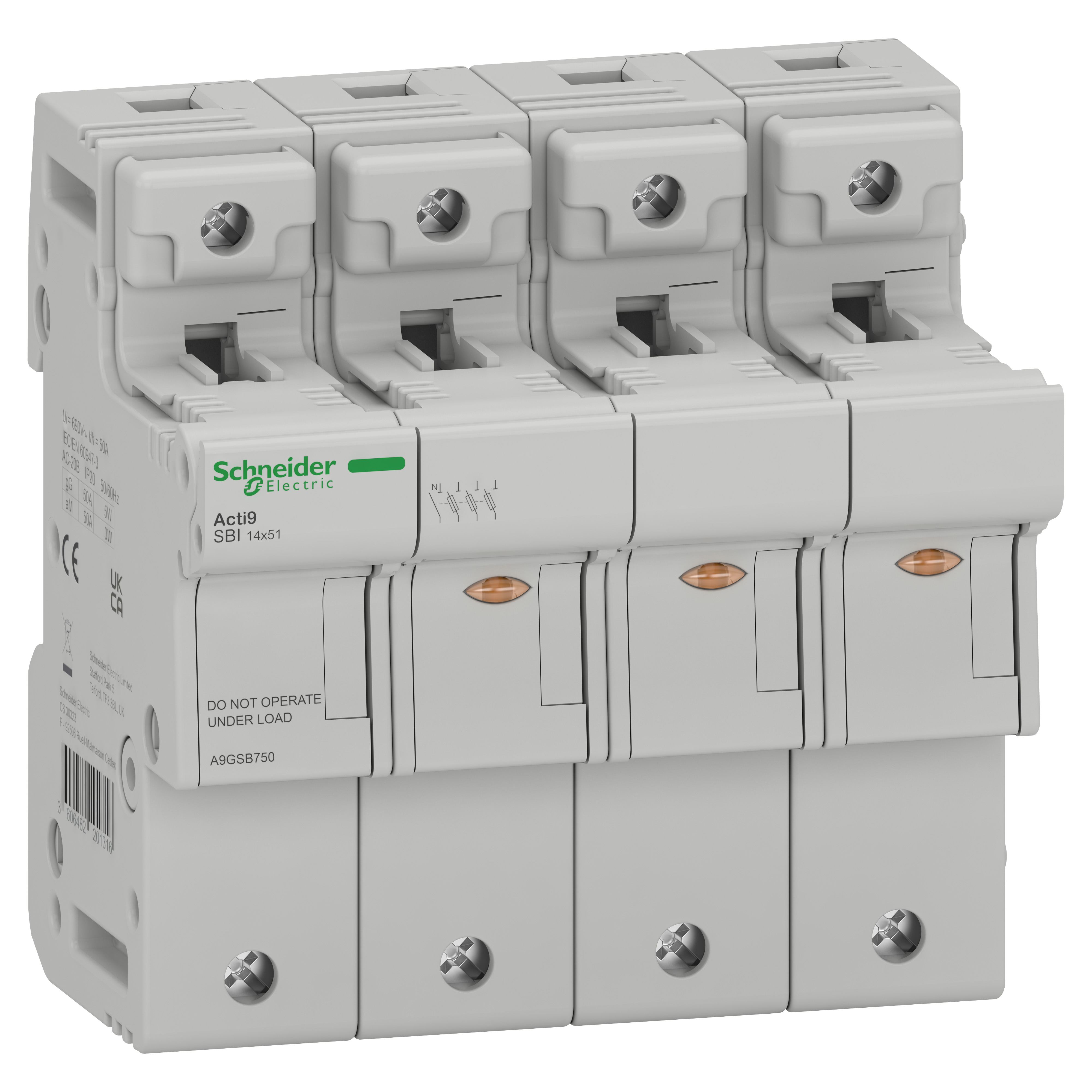 Разъединитель предохранителя Schneider Electric SBI 3P+N 50A 690 В 14x51 мм (A9GSB750)