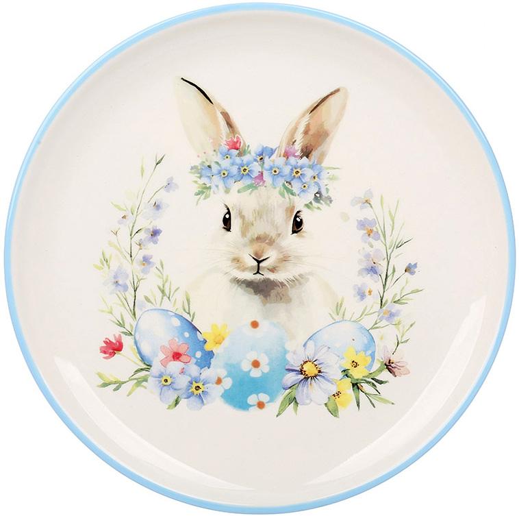 Тарелка керамическая Пасха Кролик в Цветах с голубой каемочкой 20 см
