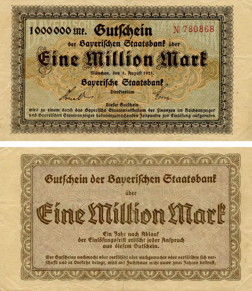 Коллекционная банкнота Германия Нотгельд 1 000 000 марок 1923 F-VF Мюнхен (Б18884)