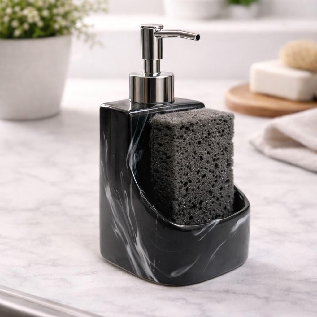 Дозатор для моющего средства керамический с подставкой для губки 400 мл Черный мрамор (31588943) Дозатор для моющего средства керамический с подставкой для губки 400 мл Черный мрамор (31588943)