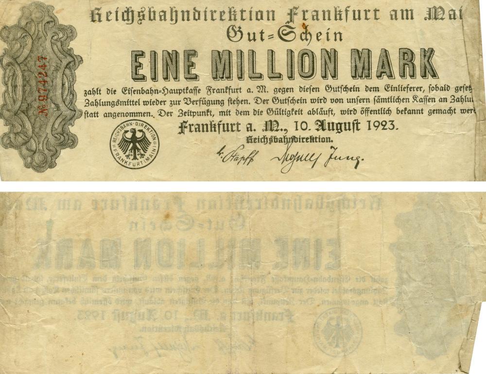 Коллекционная банкнота Германия Нотгельд 1 000 000 марок 1923 F-VF Франкфурт (Б18874)