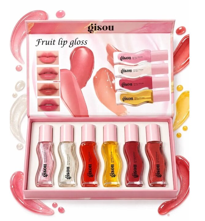 Набір блисків для губ 6 відтінків Gisou Fruit Lip Gloss Set з глянцевим фінішем у подарунковій коробці