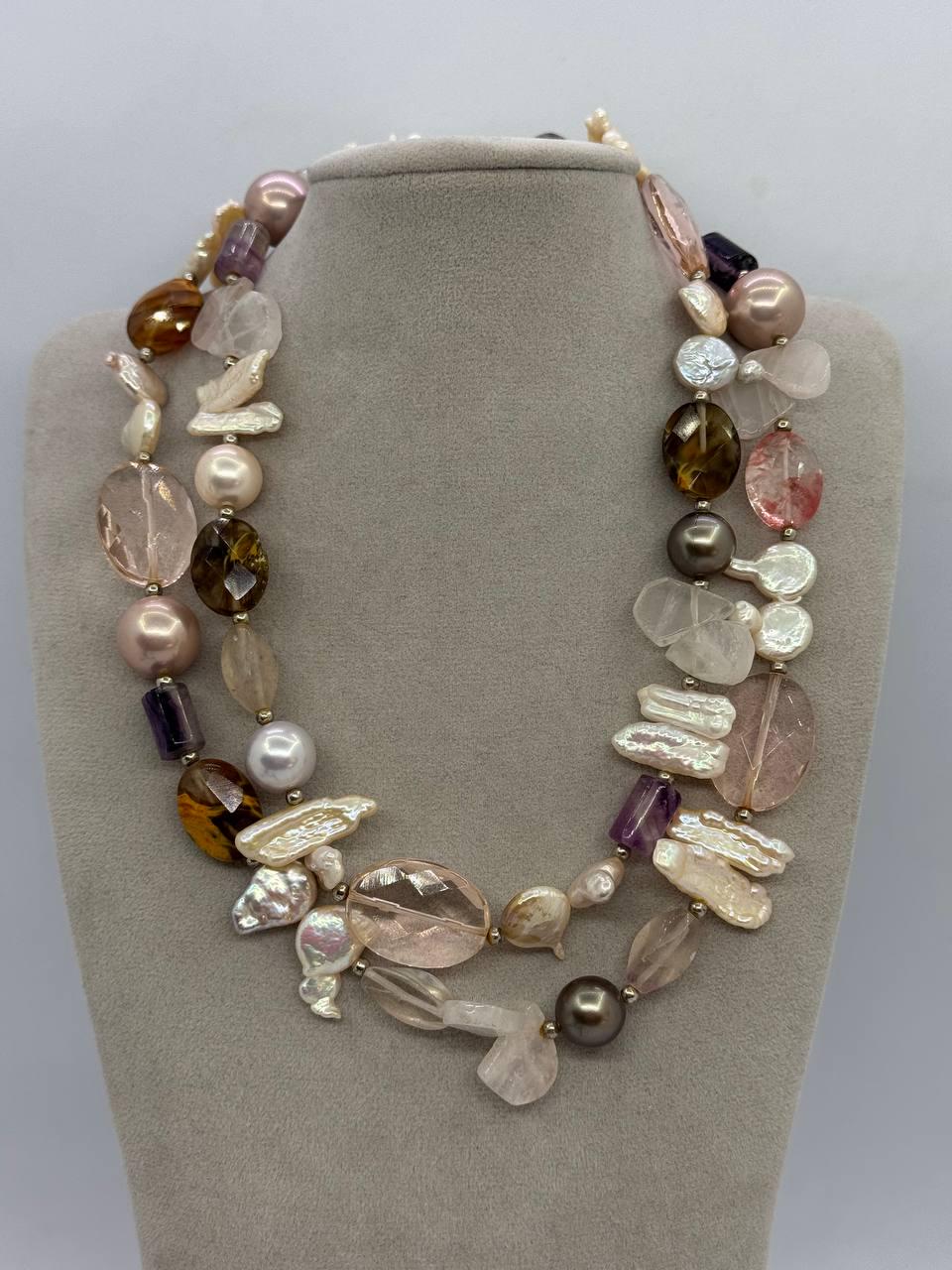 Бусы из жемчуга/агата/аметиста и морского стекла 88 см Комбинированный (12614)