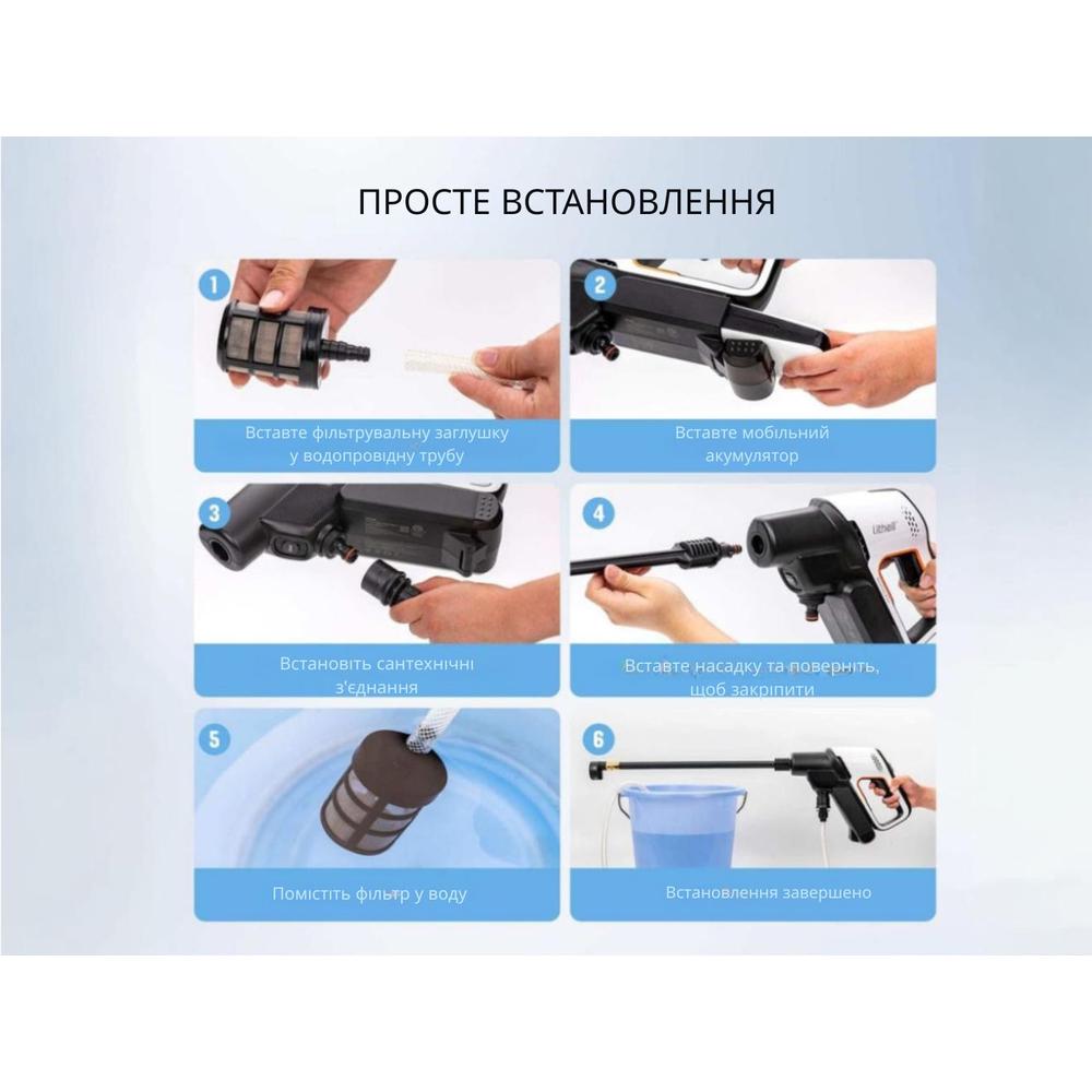 Мийка високого тиску акумуляторна Litheli 42 бар 3.3 л / хв 2 режими насадка 6 в 1 20000 mAh Black (U20PC00-0U120) - фото 4