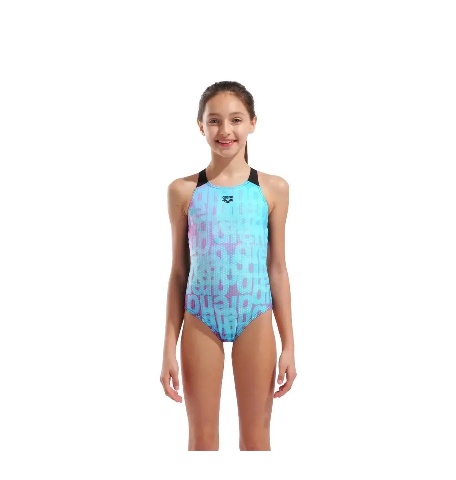 Купальник закритий для дівчат Arena MULTI COLOURS SWIMSUIT V BACK 128 см Блакитний/Чорний (009007-509 128)