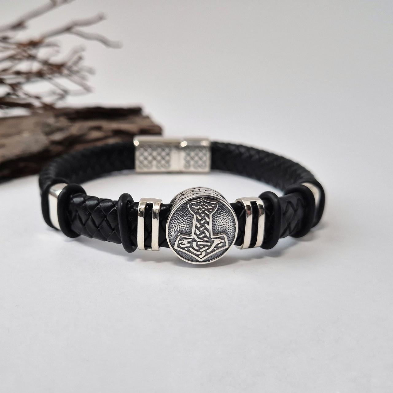 Браслет кожаный широкий оберег молот тора серебро 925 пробы черненное 21,99 г 21 см (75323)