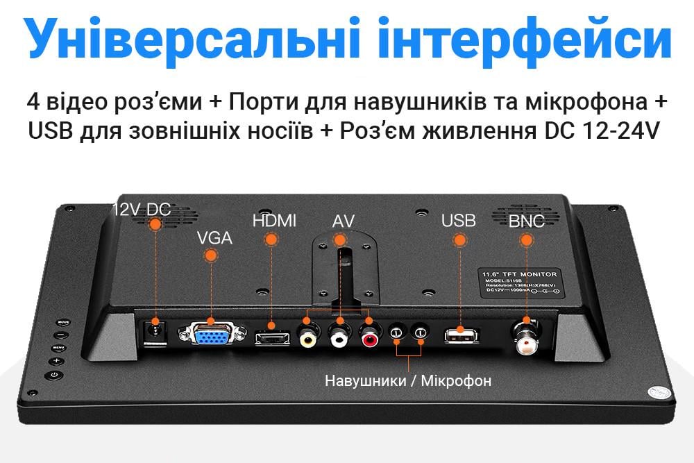 Монітор автомобільний 13,3" дюйма Podofo A3125EU для камер заднього виду FullHD 1080P 12-24 V - фото 7