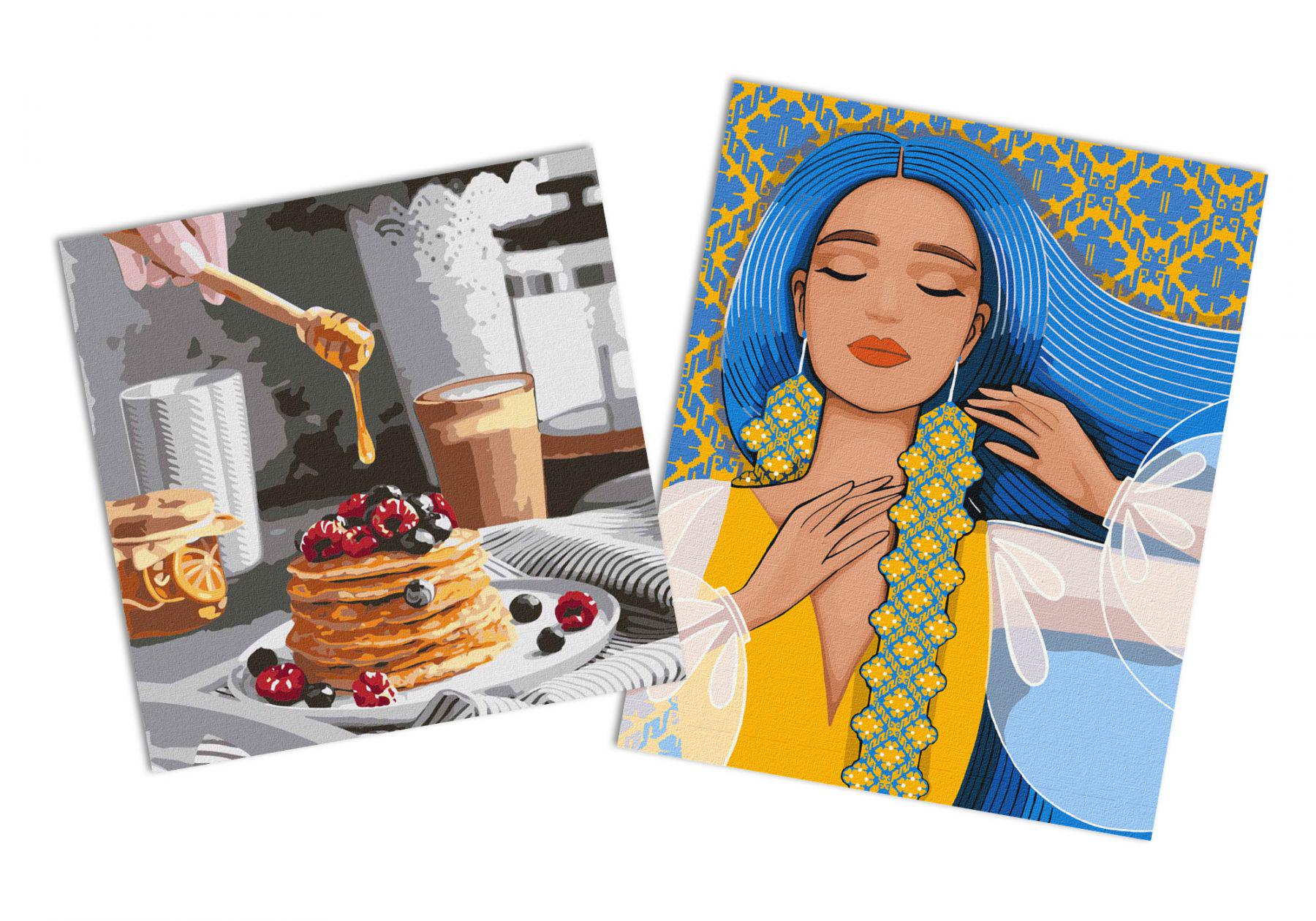 Набор картин по номерам Идейка 2в1 Изысканная украинка 40x50 см KHO2581 и Сладкие панкейки 40x40 см KHO5618 (CKHO8145)