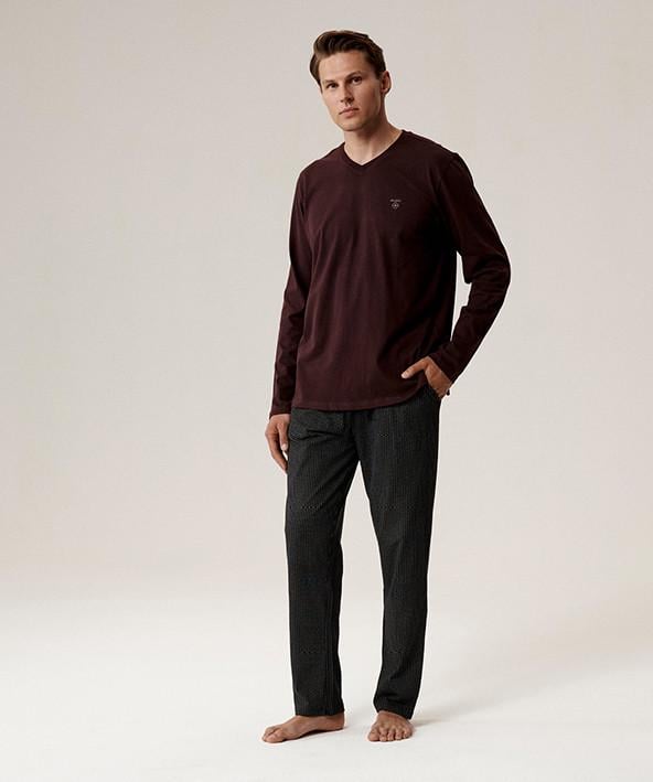 Пижама мужская Atlantic NMP-389 лонгслив/брюки хлопковая M Бордовый/Черный (2802478135)