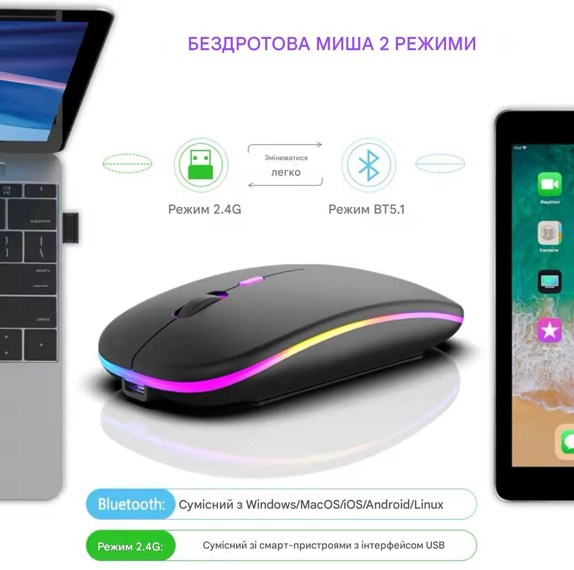Мышь беспроводная аккумуляторная с RGB-подсветкой 2,4 ГГц BT для ПК - фото 5 Мышь беспроводная аккумуляторная с RGB-подсветкой 2,4 ГГц BT для ПК - фото 5